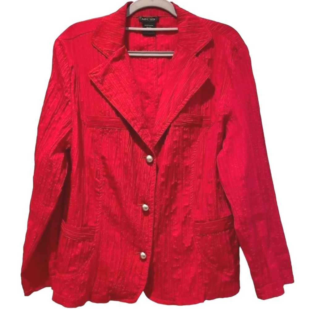 Katie Todd Womens Red Textured Crinkle Button Up Blazer Jacket Style Size M FLAW